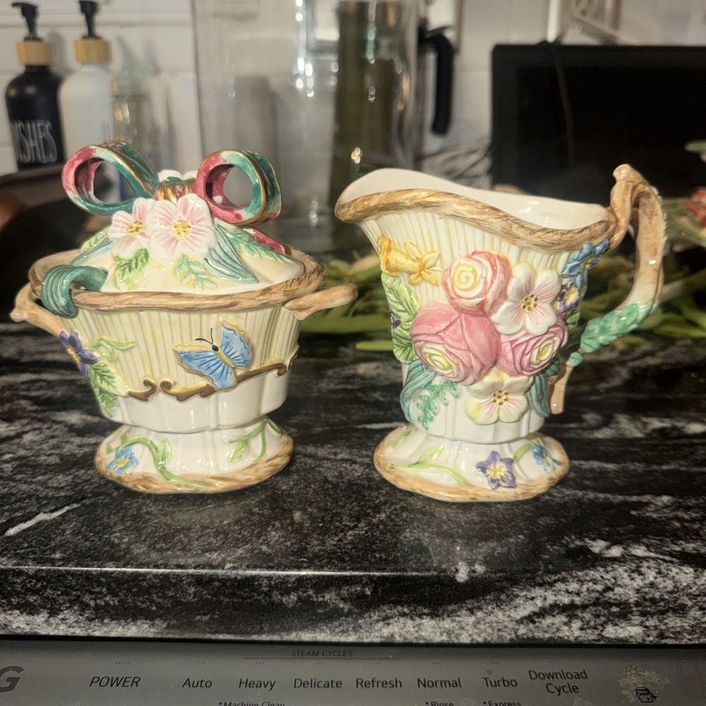 FITZ AND FLOYD Woodland Spring Sugar Bowl & Creamer Set w/lid & spoon